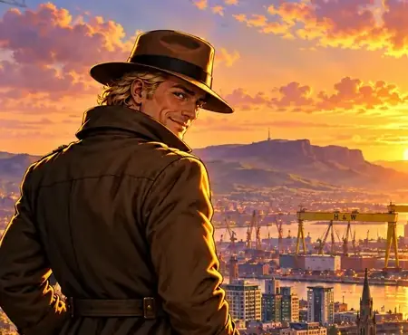 The Benefactor: a figure in a long coat and hat looking out over Belfast at sunset