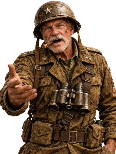 The General: a moustached old soldier in a camouflage jacket and helmet, pointing the way