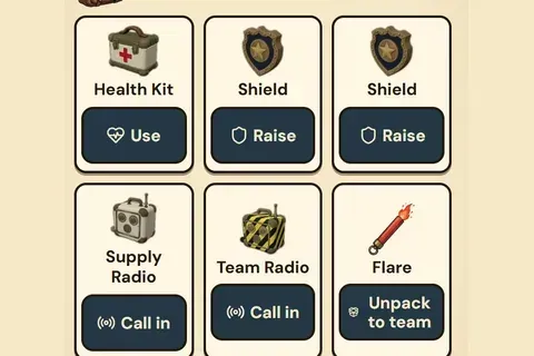 Battle items: Health Kit, shields, supply radio, team radio and a flare