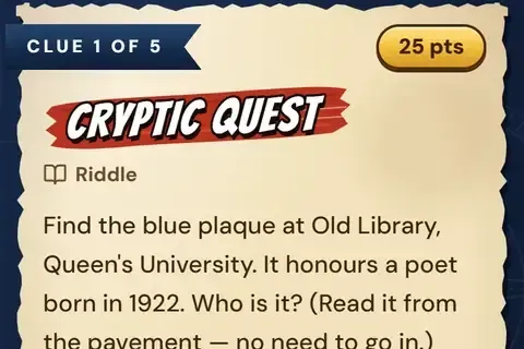 A riddle clue card titled Cryptic Quest