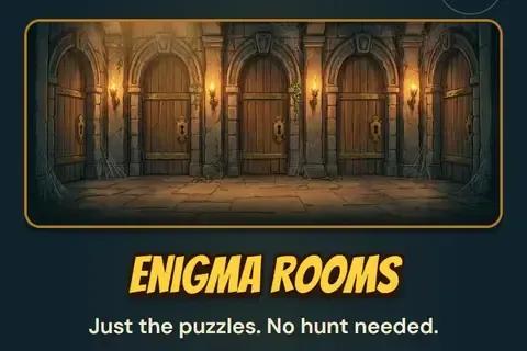 The Enigma Rooms: a torch-lit hall of wooden doors