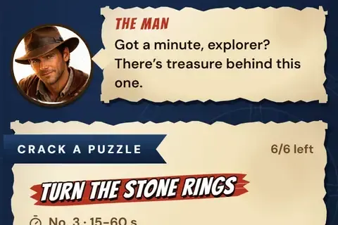 The Man offers a puzzle: Turn the stone rings