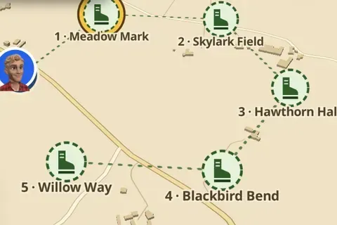 The hunt map: numbered stops on a dotted trail