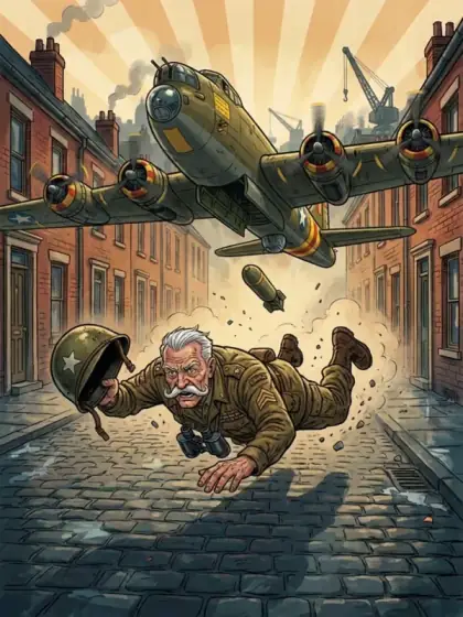 Comic card: a bomber flies low over the street as the General dives for cover