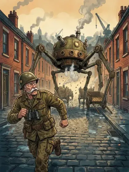 Comic card: a steampunk spider tank strides over a terraced street