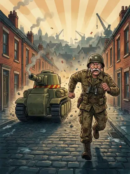 Comic card: the General runs from a tank down a cobbled street