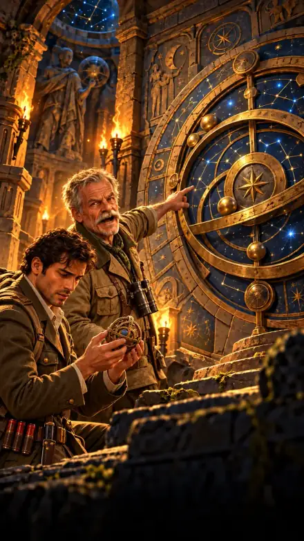 Painting: the General points at a giant golden astrolabe while the explorer studies a map