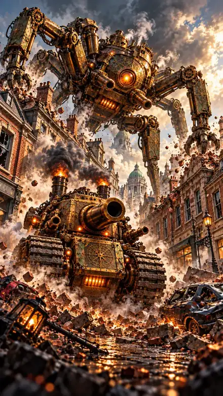 Painting: a steampunk tank and a spider tank smashing through a city street