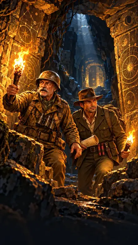 Painting: the General and a young explorer with torches in a lost tomb